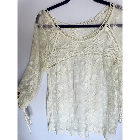 Fairy Sheer Ivory Embroidered Coquette Cottagecore Cotton Boho Blouse Tunic M - Picture 6 of 9